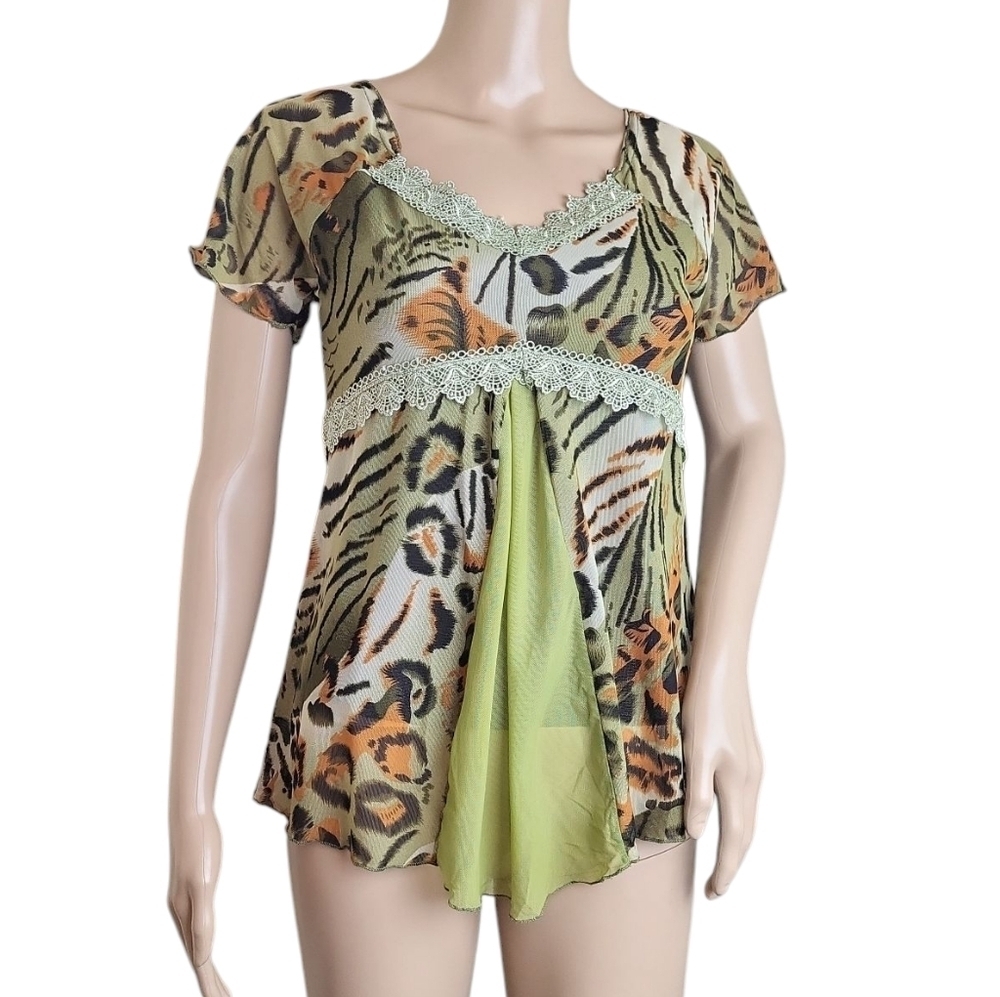 Y2K Mesh Green Orange Black Animal Print Blouse